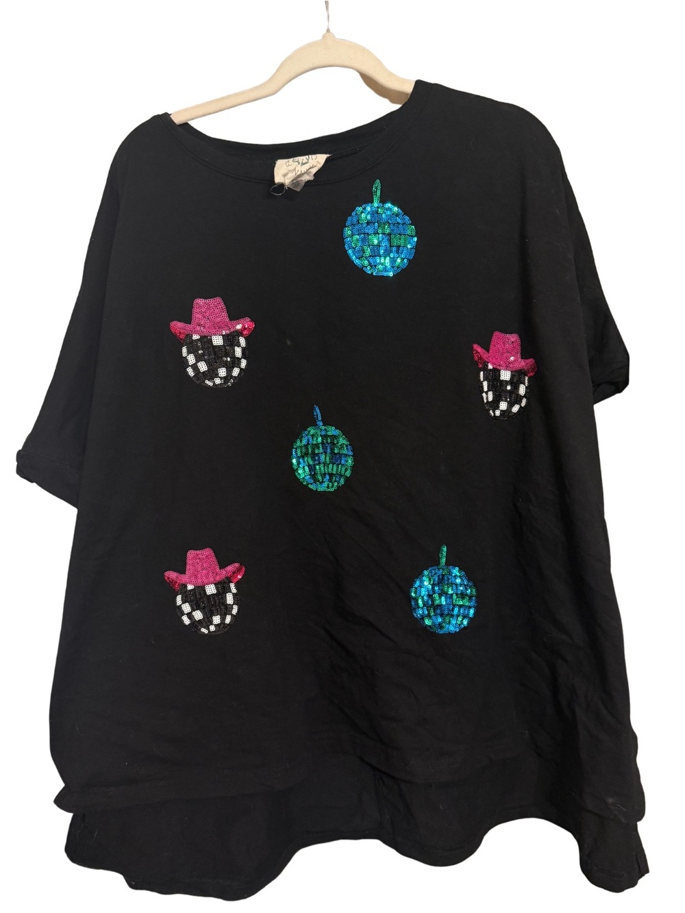 Black Sequin Disco & Cowboy Hat Short Sleeve Top